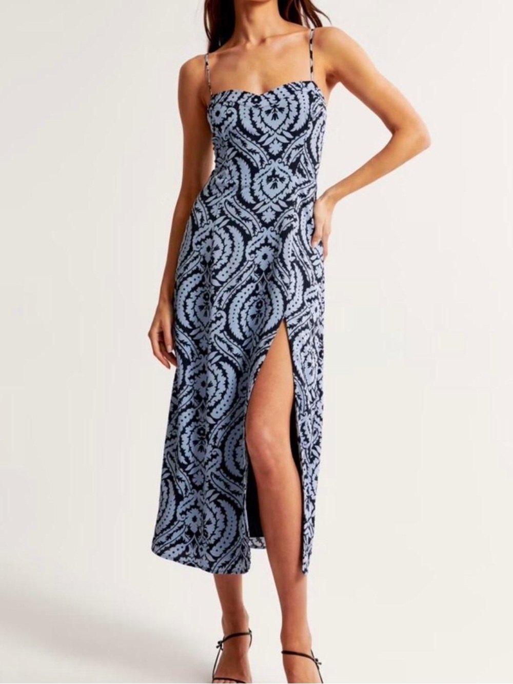 Abercrombie & Fitch Blue Damask Pattern Camille Midi Dress with Side Slit